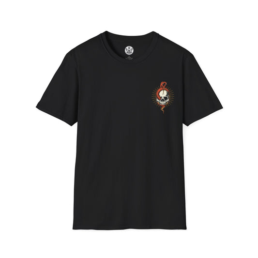black tshirt with snake and skull image left side